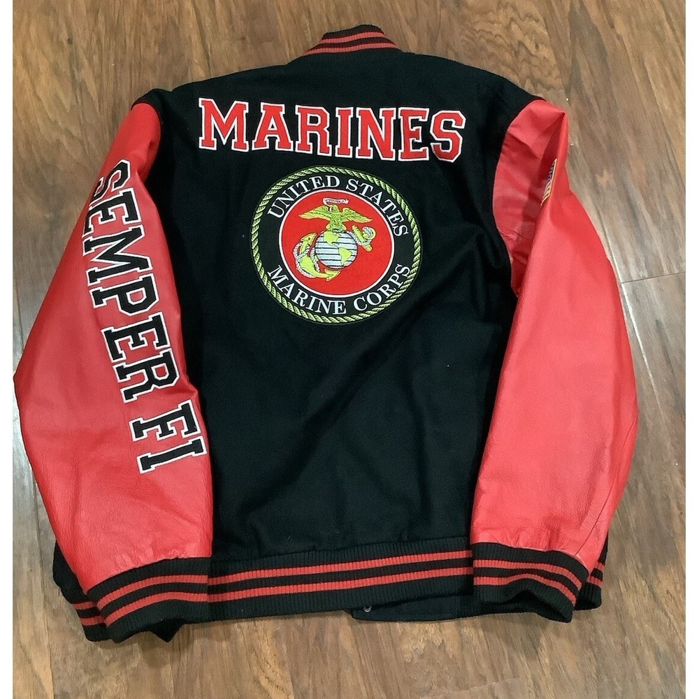 US Marines Men XLarge Black Red Suede JWM Bomber Jacket Quilted Lining